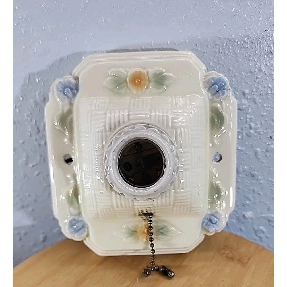 1930's Floral‎ Orange Blue Green Porcelain Flush Wall MountCeiling Light Fixture
